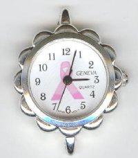 1 33x30mm Watch Face Two Loop Round Silver Tone Scalloped with White Face, Hearts, and Pink Ribbon